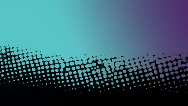 Diagonal halftone pattern of blue-green circles against black, fading into purple gradient