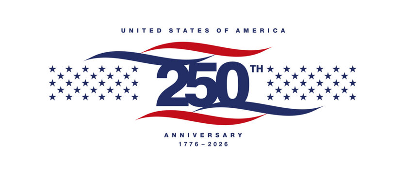 United States of America 250th Anniversary logo label greeting card. USA 250 years lettering with blue red ribbons with stars on white background