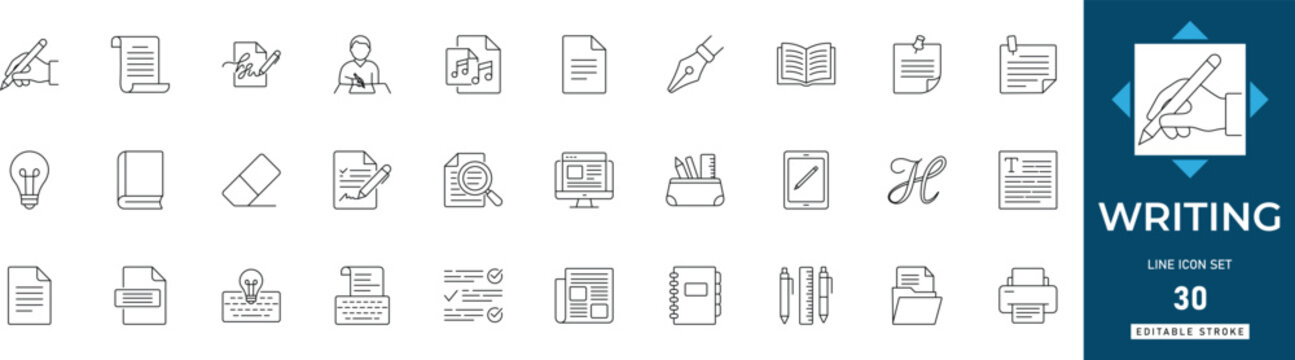 Writing line icon set featuring copywriting, blogging, content creation, author, pen, notebook, and editing. Professional editable vector illustration for notes app and UI UX design.