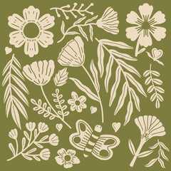 Hand drawn botanical elements and butterfly vector set. Vintage green floral doodle collection with wildflowers and leaves © Wahib