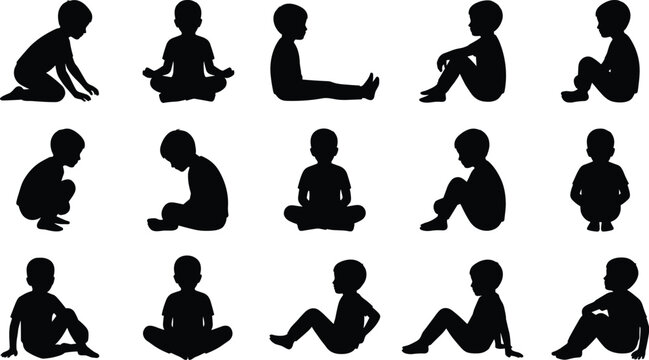 Baby Sitting and Crawling Silhouette Collection Featuring Infant Development Poses, Childhood Growth and Newborn Activity Illustration Set