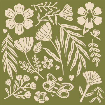 Hand drawn botanical elements and butterfly vector set. Vintage green floral doodle collection with wildflowers and leaves