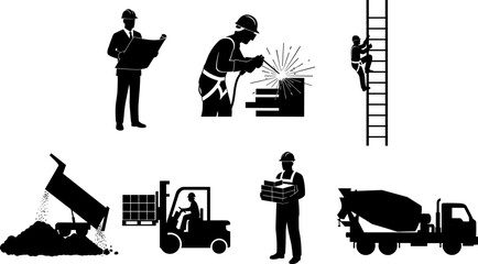 Construction workers and machinery silhouettes showing welding, blueprint planning, ladder climbing, dump truck unloading, forklift loading, and teamwork illustration © bipul stok