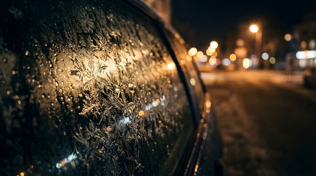 Frost patterns on a car window at night with blurred city street lights