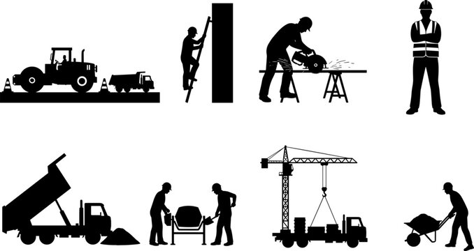 Construction worker and machinery silhouettes with crane transport cutting concrete mixing and industrial engineering activity illustration set