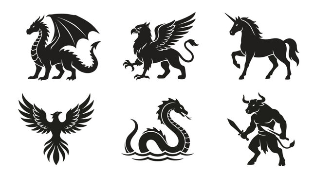 Mythical creatures silhouettes icons set