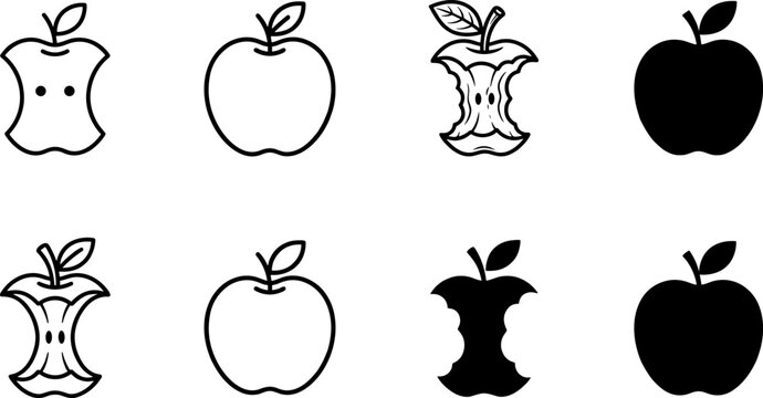 Minimalist black apple icons collection in rows, isolated vector silhouettes showing whole fruit, core, and bite variations for design use