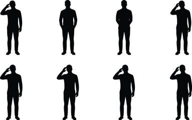 Minimalist silhouettes of diverse people arranged in two rows, showcasing upright postures, gestures, individuality, diversity, community, and social identity © bipul stok