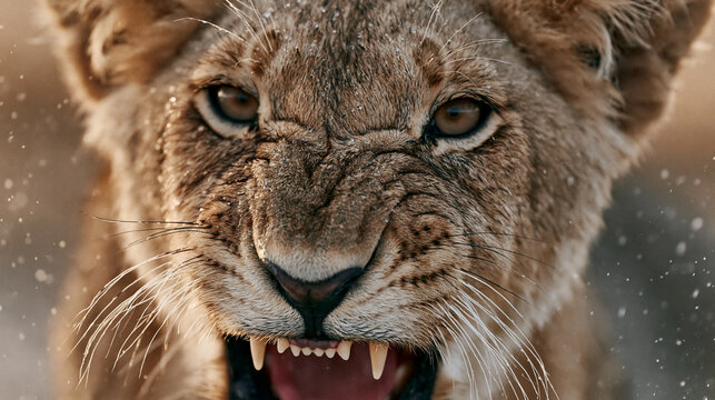 Intense extreme macro close-up focusing on the wrinkled snout and sharp fangs of an aggressive growling lioness face, dusted with fine winter snowflakes.