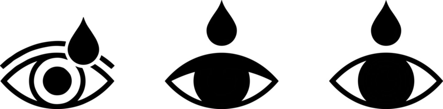 Stylized eye drop icons in outlined, solid, and minimal designs representing eye care, medical treatment, and health illustration