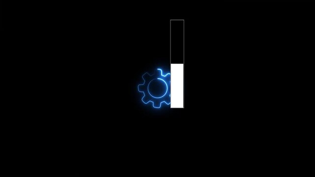 4K Blue Neon Gear and Progress Loading Bar Animation on Black Background.Futuristic Industrial Settings Icon with Glowing Blue Cogwheel 4K Ultra HD.Digital Processing and Software Update Load