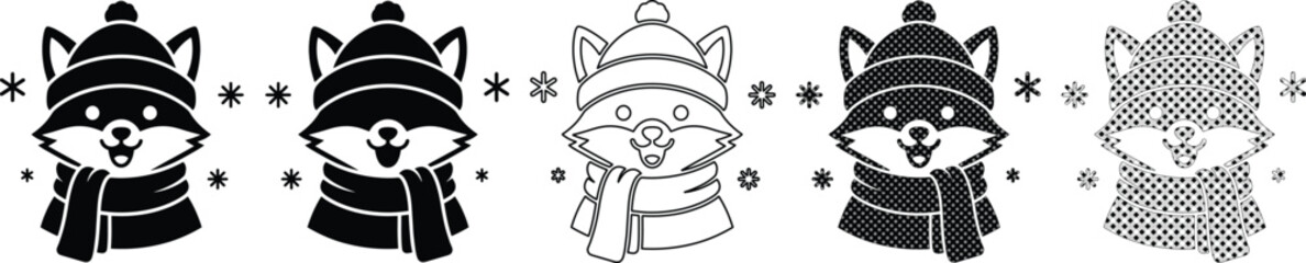 Cute Winter Fox Vector Icons. Adorable Cartoon Animal Characters in Knitted Hats and Scarves, Black and White Graphic Elements for Holiday Designs © Farzana