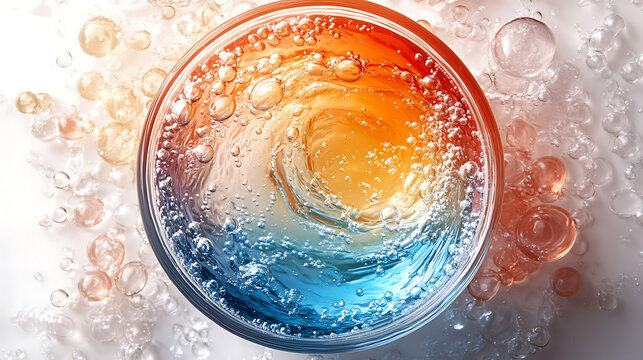 Macro image of emulsifying agents blending water and oil layers in a skincare product white background 