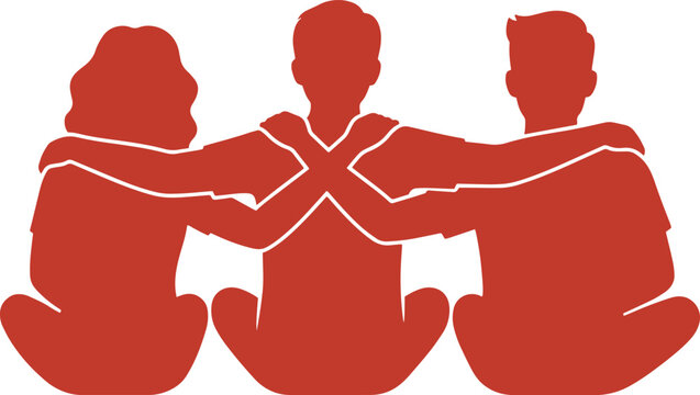 Three people sitting together, a diverse group of friends or colleagues in a supportive embrace. Teamwork and community concept, a red vector graphic for social connection and collaboration.