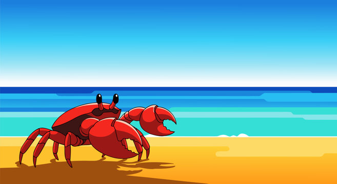 Vibrant Red Crab on a Sunny Beach - A Beautiful Vector Illustration Capturing the Essence of a Tropical Summer Vacation