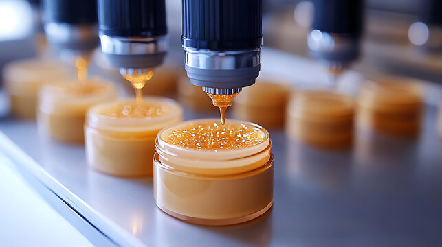 Detailed view of liquid foundation formula being processed in a lab environment with soft lighting white background 