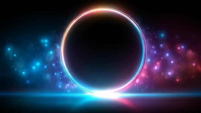 A glowing, colorful ring dominates a dark space with scattered particles and a horizon line