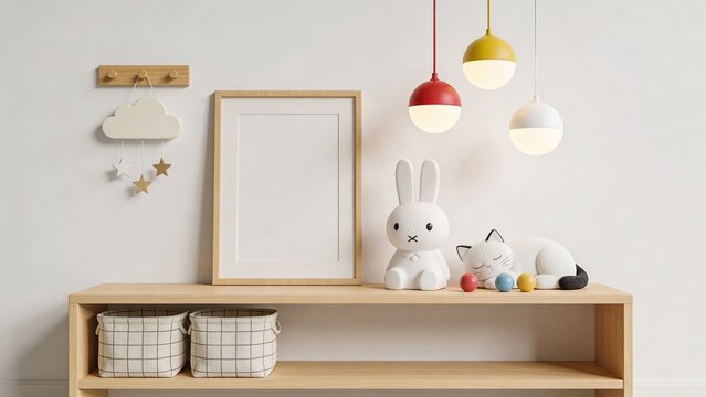  depicts a minimalist and stylish children's room setup with a focus on neutral tones and playful decor. The layout features a light wooden shelf against a white wall, adorned with a large, empty wood