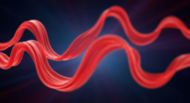 Vibrant red sinuous wave patterns in dark blue background, texture abstract