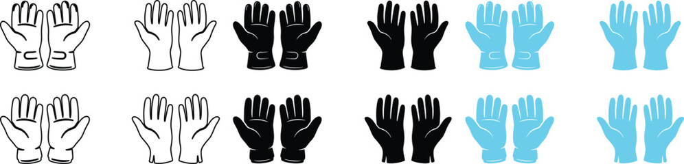 Obraz premium Protective Gloves Vector Icon Set, Medical Safety Handwear, Black and Blue Rubber Gloves, Outline and Solid Style Illustrations for Healthcare and Industry
