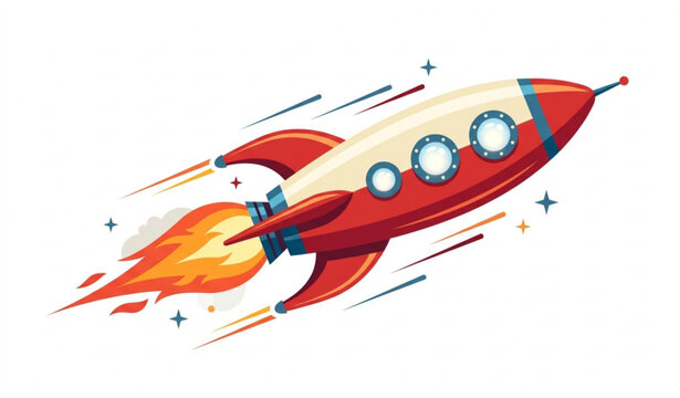 Retro rocket ship flying vector spaceship missile flight cartoon illustration isolated white background