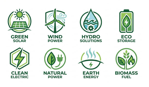 Minimal renewable energy icon set green power solar wind hydro vector illustration isolated white background