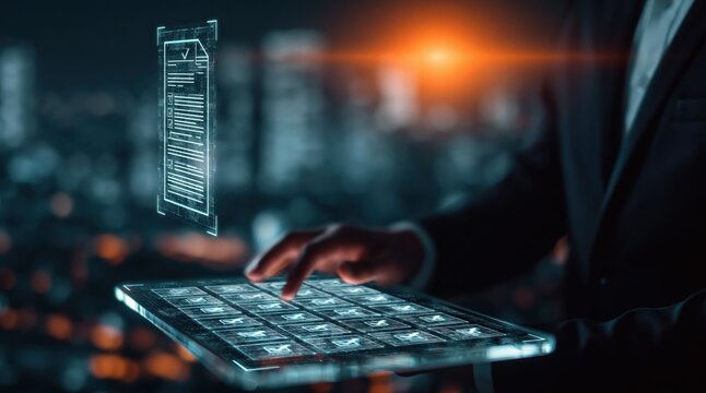 Technology businessman using a virtual hologram interface for digital data keyboard