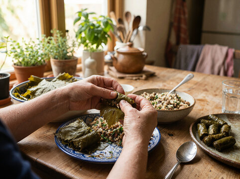 An old woman preparing traditional stuffed grape leaves or dolmeh food