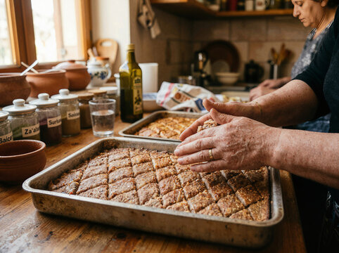 Senior woman preparing traditional middle eastern kibbeh bil saniyeh