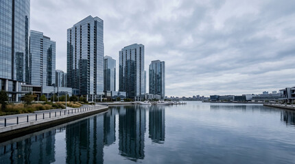 Fototapeta premium Luxury Glass Waterfront Towers Reflecting Calm Harbor Waters Beneath Dramatic Evening Skyline Serenity Views Today