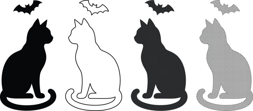 Halloween black cat silhouettes, spooky feline vector graphics for holiday designs. Sitting black cat, outline cat, dark gray cat, and flying bat illustrations, perfect for seasonal decorations.