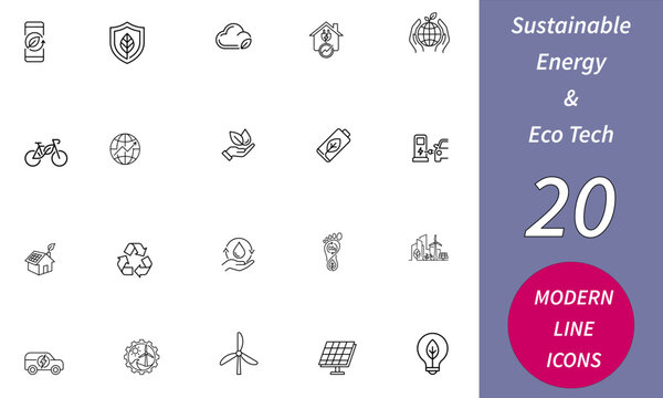 Sustainable Energy and Eco Tech Icons Set. Renewable Power, Green Technology, Clean Energy Vector Collection