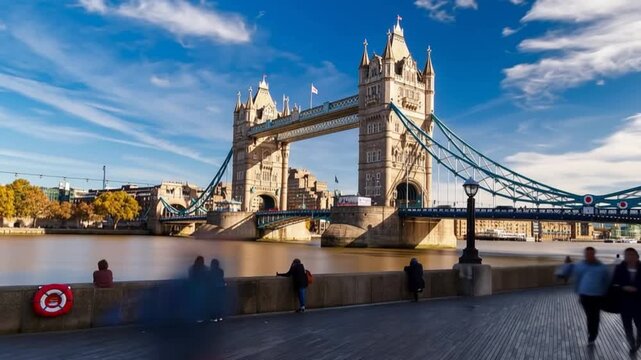 Tower Bridge in London, UK, United Kingdom. Time lapse. People walking.