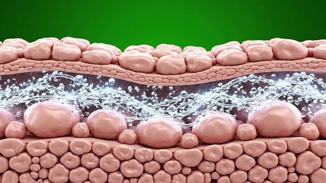 Cross-Section Of Human Skin Demonstrating Cellular Layers And Moisture Transport Set Against A Vibrant Green Background