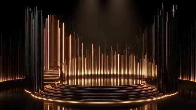 Illuminated, tiered stage with vertical golden rods and stair access against a dark backdrop