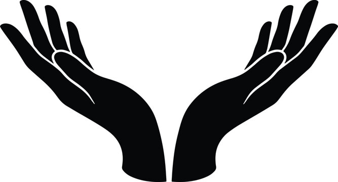 Open hands vector illustration, cupped human hands silhouette, offering and receiving gesture, care and support symbol, isolated black graphic element for design projects
