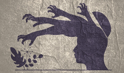 Obraz premium Side view portrait man in angry expression. Outside mood. Hands go out of head reaching out to a plants. Internally suffering, dissociative identity disorder. Bad mental conditions.