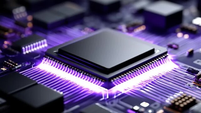 Macro image of a computer processor, showing circuitry, pins, and illuminated violet glow