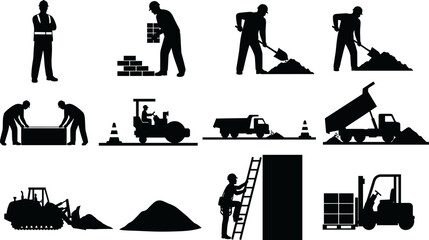 Construction worker and machinery silhouettes with excavation transport paving forklift and industrial building development activity collection © urmilarani