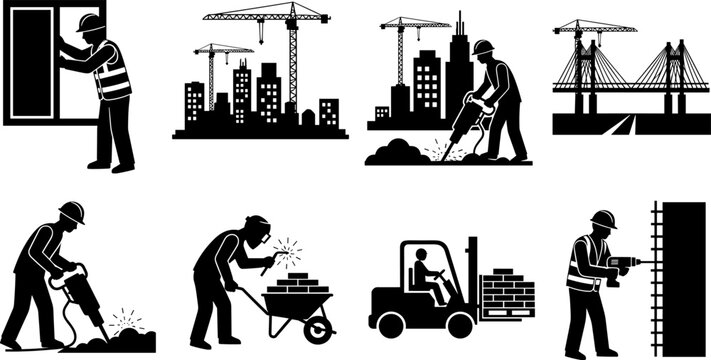 Construction Worker and Infrastructure Silhouette Collection Featuring Welding, Forklift Operations, Bridge Building and Industrial Engineering Activities