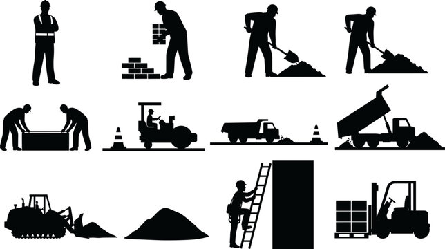 Construction worker and machinery silhouettes with excavation transport paving forklift and industrial building development activity collection