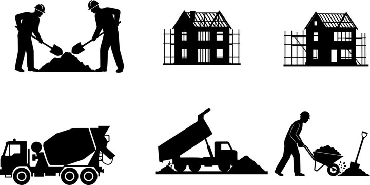 Construction worker and machinery silhouettes with house framing concrete transport excavation and building development illustration collection