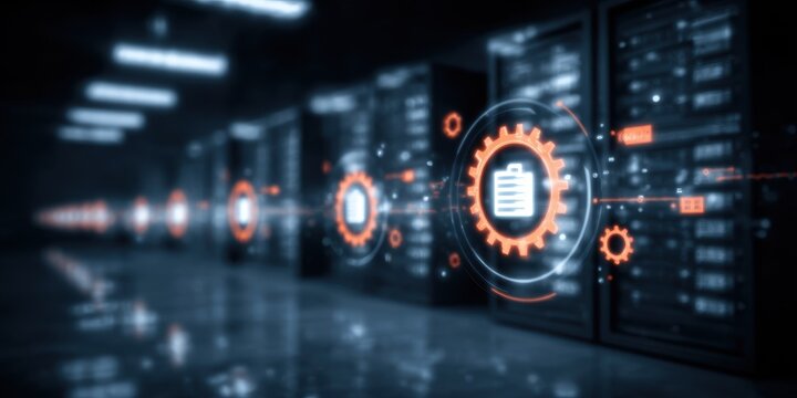 The artificial intelligence watches as a neural algorithm sorts a machine learning model datum into a spiral of infinite information within the dark server room.
