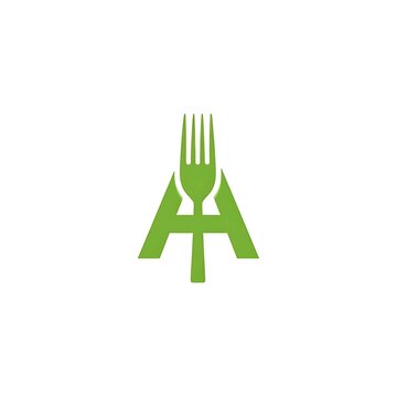 A green logo with a fork forming a stylized letter