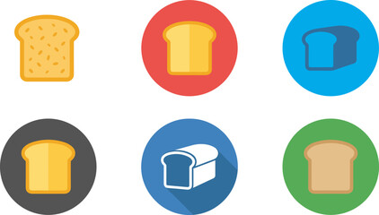 Six colorful bread icon illustrations featuring slices and loaves in varied styles and backgrounds, highlighting food design diversity, simplicity, and creativity © urmilarani