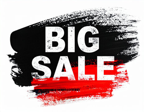BIG SALE! Bold brush strokes of red and black create a dramatic backdrop for the white text proclaiming a significant discount event, perfect for advertising promotions