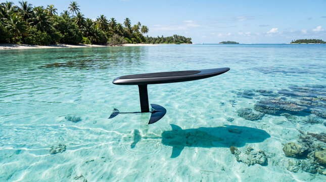 Advanced Hydrofoil Board Floating Above Crystal Tropical Waters Creating Stunning Coastal Adventure Photography Scenes Beautifully