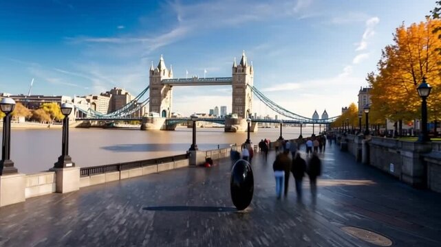 Tower Bridge in London, UK, United Kingdom. Time lapse. People walking.