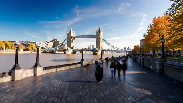 Tower Bridge in London, UK, United Kingdom. Time lapse. People walking.