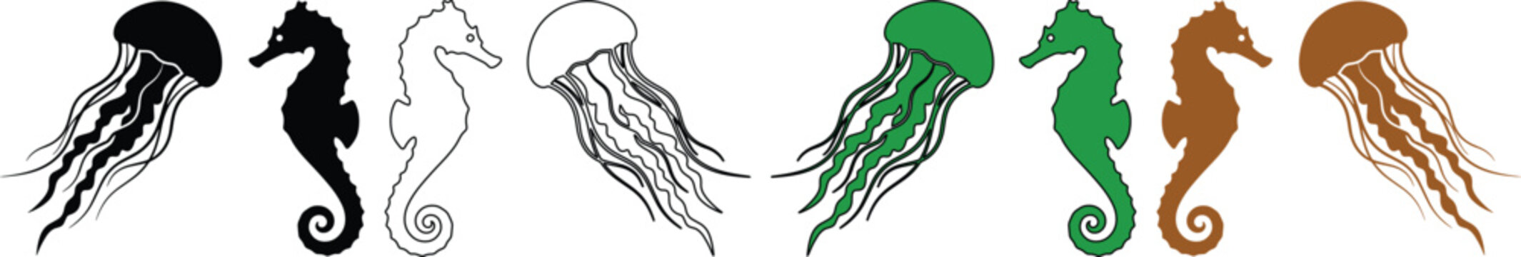 Oceanic Jellyfish and Seahorse Vector Set, diverse marine life illustrations, black, outline, green, and brown aquatic creatures for nature-themed designs